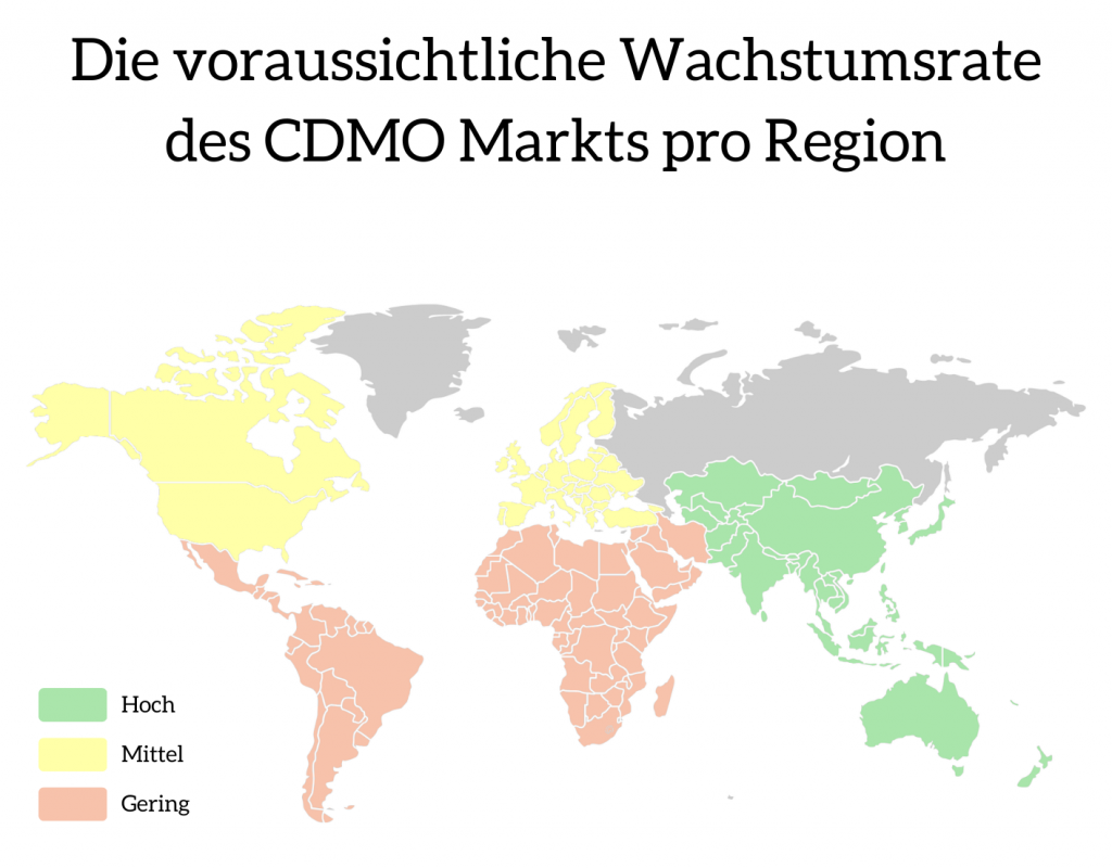 Die voraussichtliche Wachstumsrate des CDMO Markts pro Region.